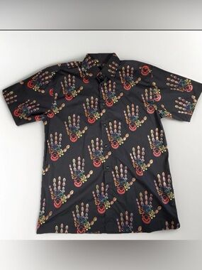 Brock Men's Black Short-Sleeve Button-Up Shirt with Multicolor Handprint Pattern